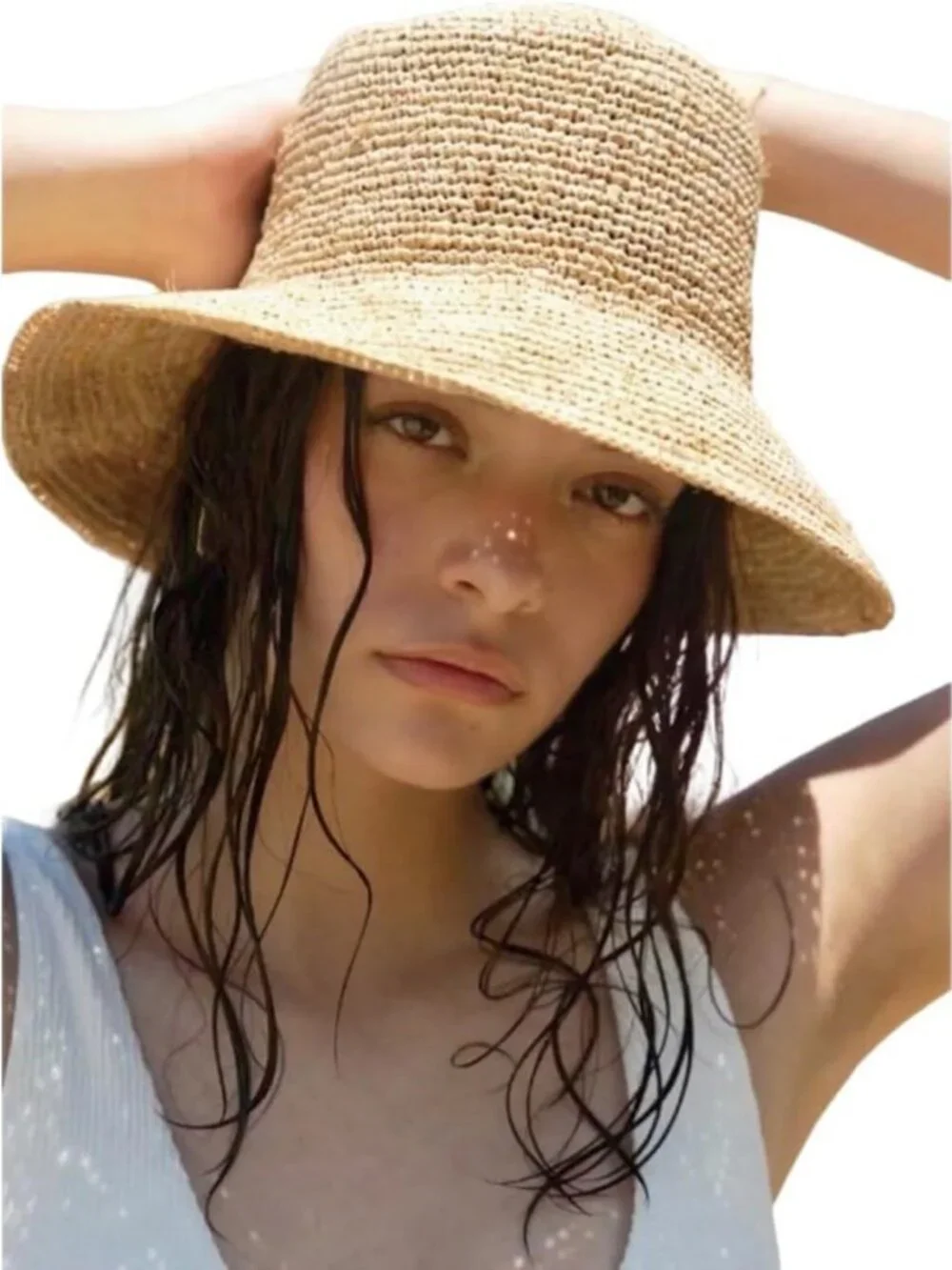 Handwoven Raffia Beach Hat | Foldable Straw Bucket Hat | Wide Brim Sun Cap